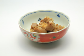 Simmering of konnyaku. Japanese dish.The healthy ingredients by which konnyaku is used well for Japanese food.