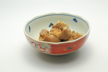 Simmering of konnyaku. Japanese dish.The healthy ingredients by which konnyaku is used well for Japanese food.
