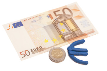 Plasticine euro icon, euro banknote and coins