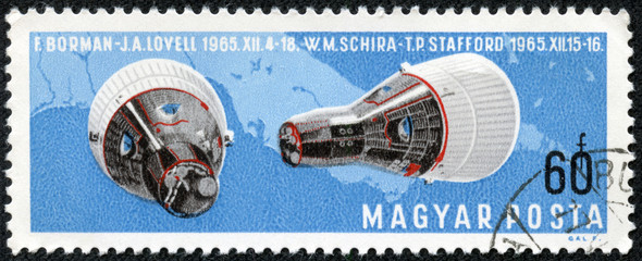 stamp printed by Hungary, shows Manned Space Travel