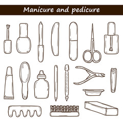 Set of cute hand drawn objects on manicure pedicure theme