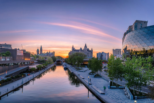 View of Parliament buildings from Plaza Bridge Ottawa during sunset