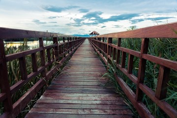 Wooden bridge cross around marsh in sunset time at Sam Roi Yot National Park,Thailand