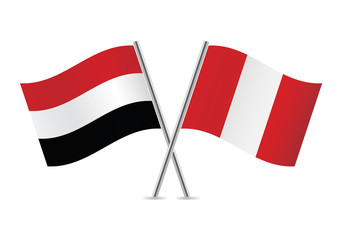 Yemen and Peru flags. Vector illustration.