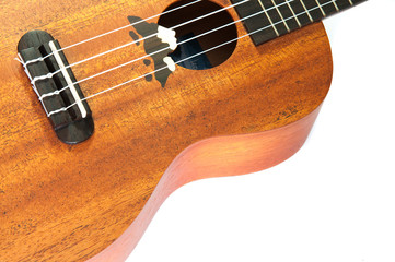 Close up of ukulele on white background