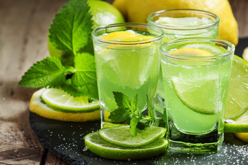 Green cocktail with vermouth, mint and citrus, selective focus