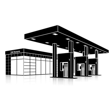 silhouette petrol station with a small shop and reflection