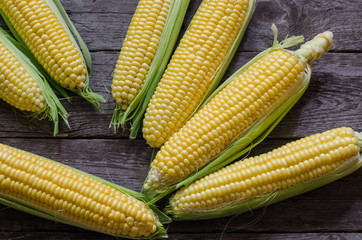 fresh raw corn on wooden background