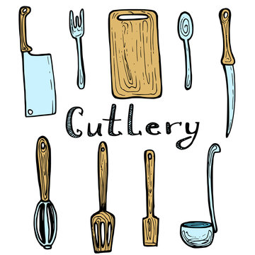 Hand drawn cutlery doodle set