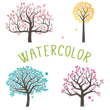 Vector Set of Watercolor Style Trees