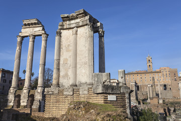 Fototapeta na wymiar Ruins of temples on roman forum in Rome, Italy
