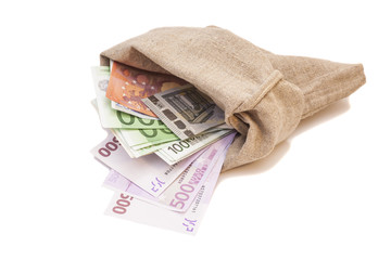 Bag with euro banknotes isolated on  white background