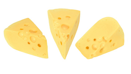 Three pieces of cheese isolated on white