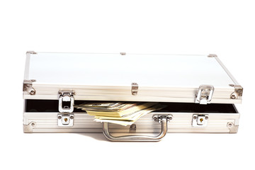 Silver case with dollars on  white background
