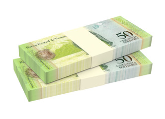 Venezuelan Bolivares isolated on white background. Computer generated 3D photo rendering.