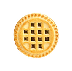 Sandwich biscuit with chocolate filling on a white background