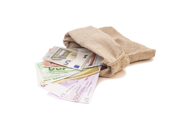 money bag with different euro bills