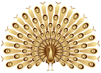 Peacock raises his feathers in gold, vector illustration of the Indian Peafowl golden sculpture