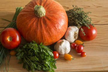 fresh vegetables on wooden background