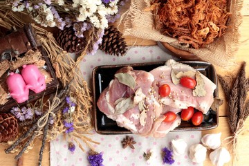 Dry roast pork into strips and raw pork.