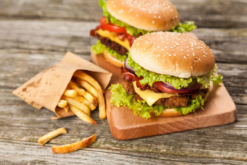 Delicious hamburger and fries