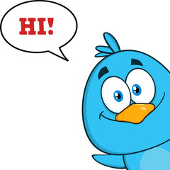 Smiling Blue Bird Character Looking From A Corner With Speech Bubble 