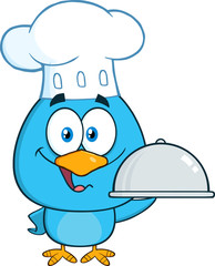 Chef Blue Bird Character Holding A Platter