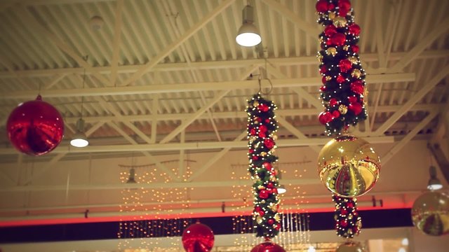Decorated red balls white small lightbulbs for christmas on the