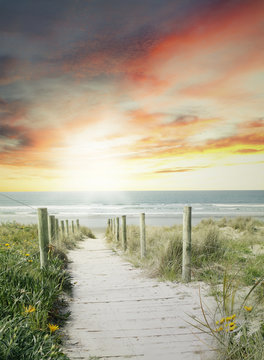 Fototapeta Beach view walkway leading to sand at shoreline. Sunrise sky