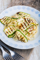 Pasta with grilled zucchini, cheese and fresh thyme