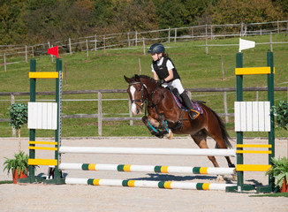 Girl and pony jumping over hurdle on showjumping competition