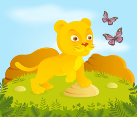 Obraz na płótnie Canvas Little cartoon lion with butterflies