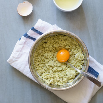 Yolk added to crumbles for matcha cookies