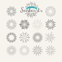 Collection of vintage sunburst design elements. Handmade template elements for graphic and web design.