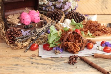 Dry roast pork into strips.