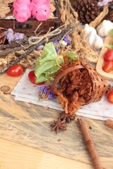 Dry roast pork into strips.