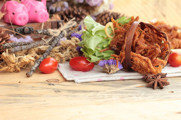 Dry roast pork into strips.