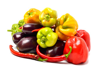 Sweet pepper, aubergine, chilli pepper isolated on white