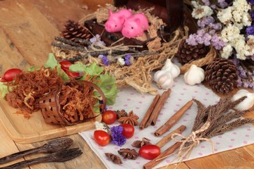 Dry roast pork into strips.