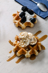 Waffle on the white wooden table.