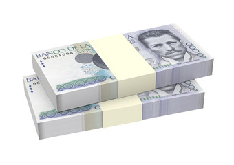 Colombian pesos money isolated on white background. Computer generated 3D photo rendering.