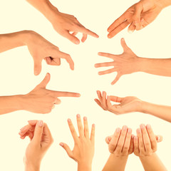 Hands gestures on light background
