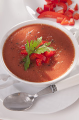 tomato soup in a white bowl
