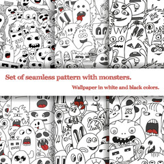 Set of abstract seamless patterns with doodle monsters. Six