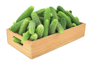 Cucumber in a wooden box isolated on white