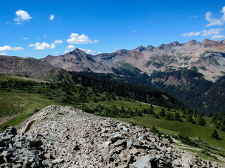 Colorado Trail through a rock field on a ridgeline outside of Durango, Colorado