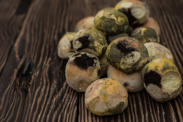 Mouldy bread on wooden board