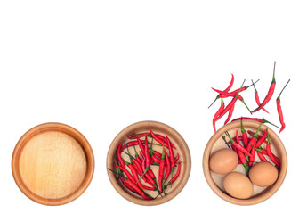 cooking set with chilli and egg on white background