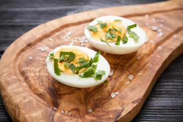 Boiled eggs on a cutting board