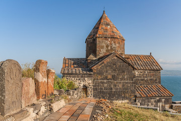 Church and Sevan lake in Armenia